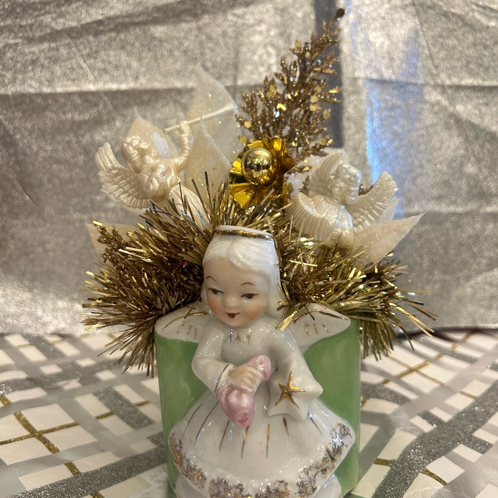Elegant Angel Vase with Gold and Green Details